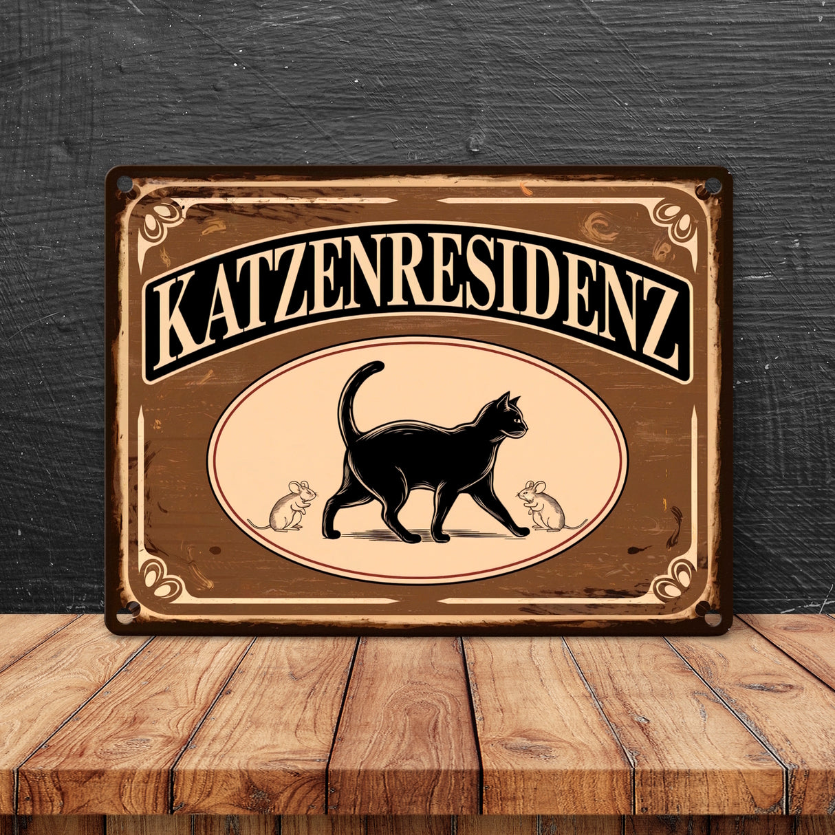 Schwarze Katze mit Mäusen Katzenresidenz Metallschild in 15x20 cm