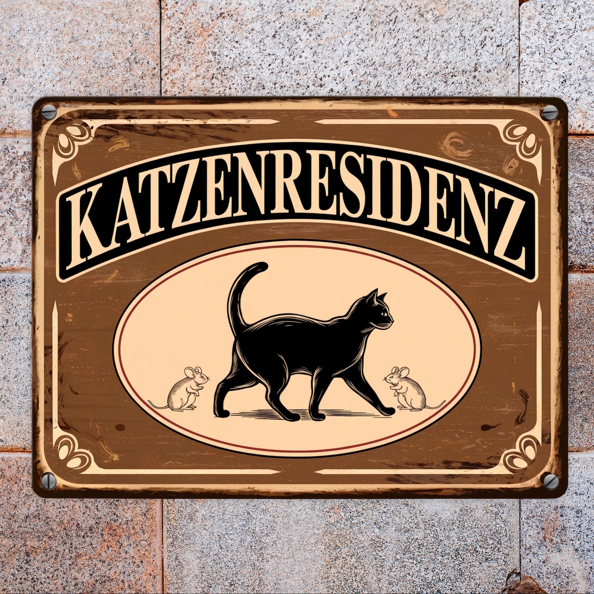 Schwarze Katze mit Mäusen Katzenresidenz Metallschild in 15x20 cm