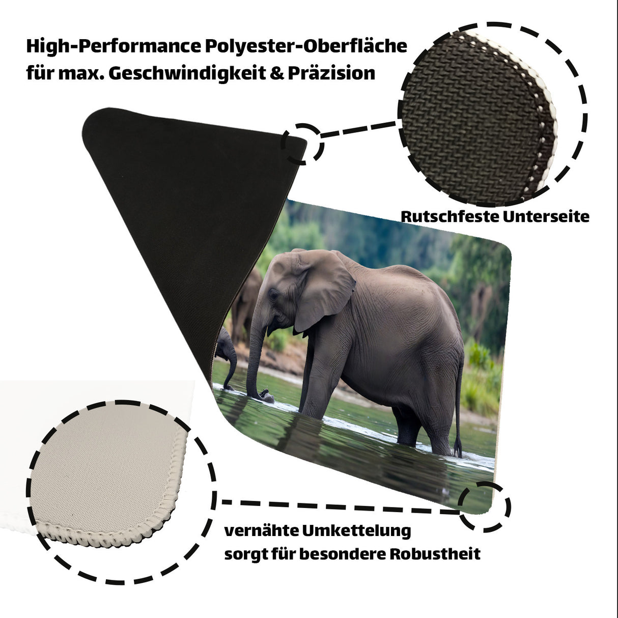 Elefantenfamilie am Fluss Schreibtischunterlage 69x31cm XXL Mauspad