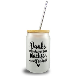 Dankeschön Trinkglas mit Bambusdeckel mit Herz und Spruch