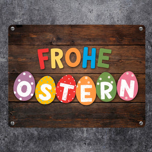 Frohe Ostern Metallschild in 15x20 cm mit bunten Eiern