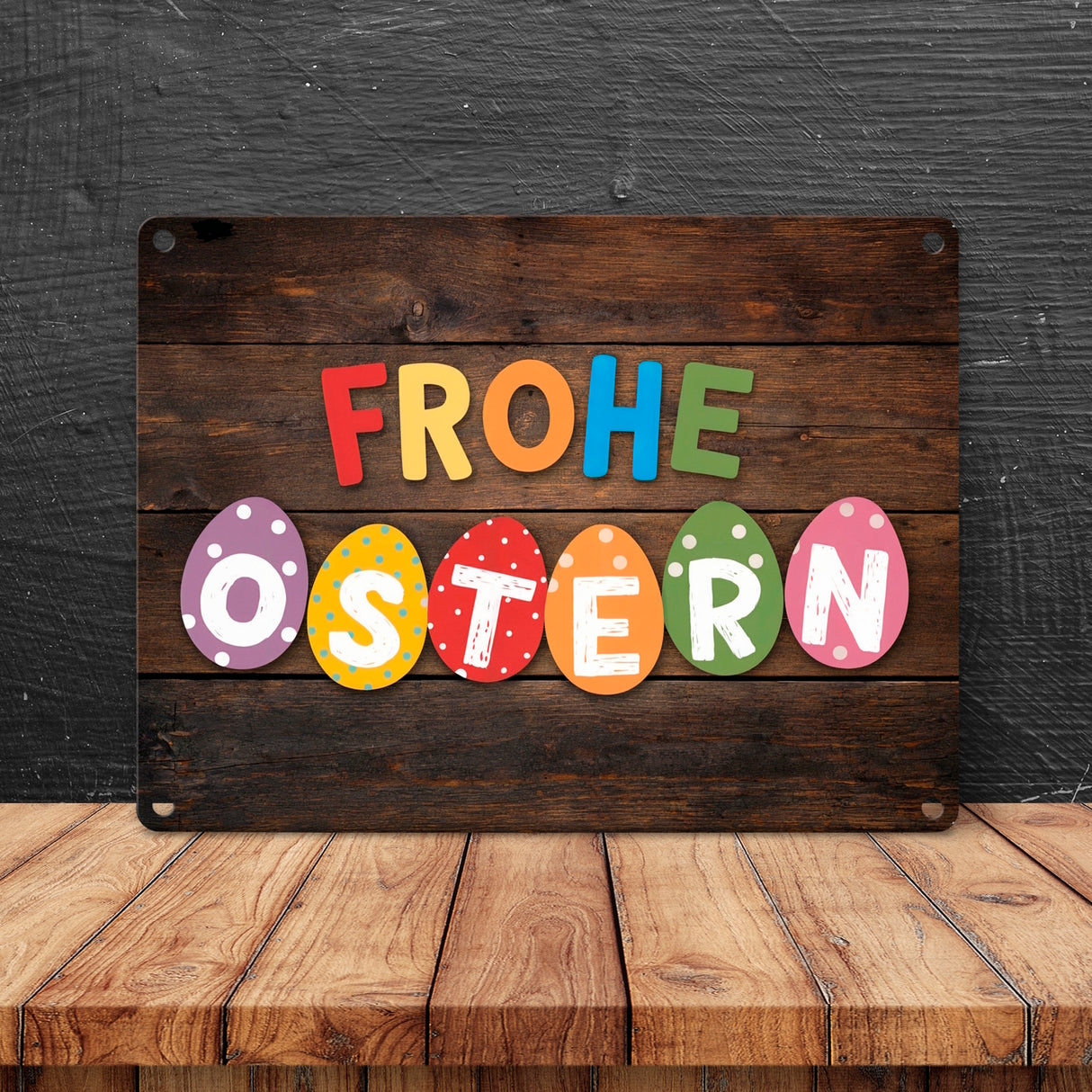 Frohe Ostern Metallschild in 15x20 cm mit bunten Eiern