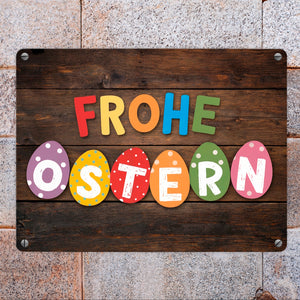 Frohe Ostern Metallschild in 15x20 cm mit bunten Eiern