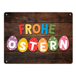 Frohe Ostern Metallschild in 15x20 cm mit bunten Eiern