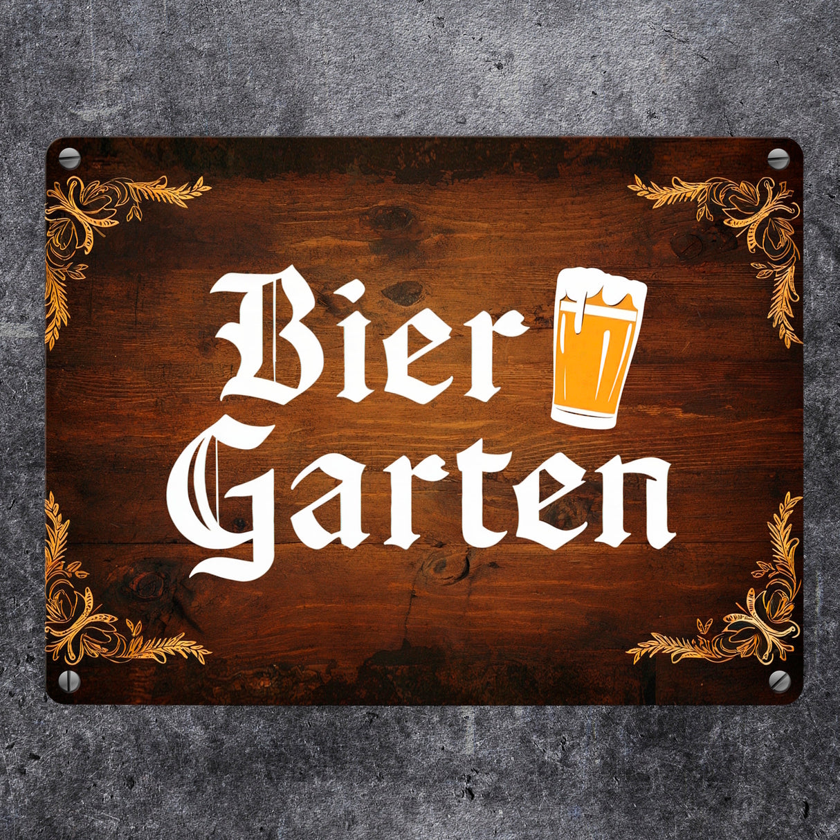 Biergarten Metallschild in 15x20 cm im rustikalen Holz-Look