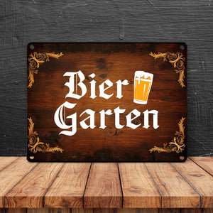 Biergarten Metallschild in 15x20 cm im rustikalen Holz-Look