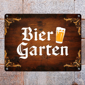 Biergarten Metallschild in 15x20 cm im rustikalen Holz-Look