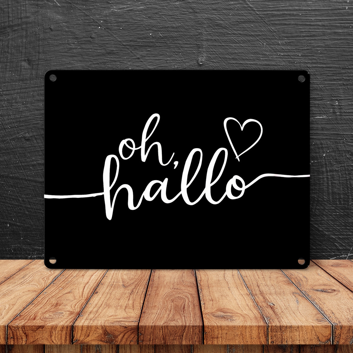 Oh Hallo Metallschild in 15x20 cm mit Herz in elegantem Design