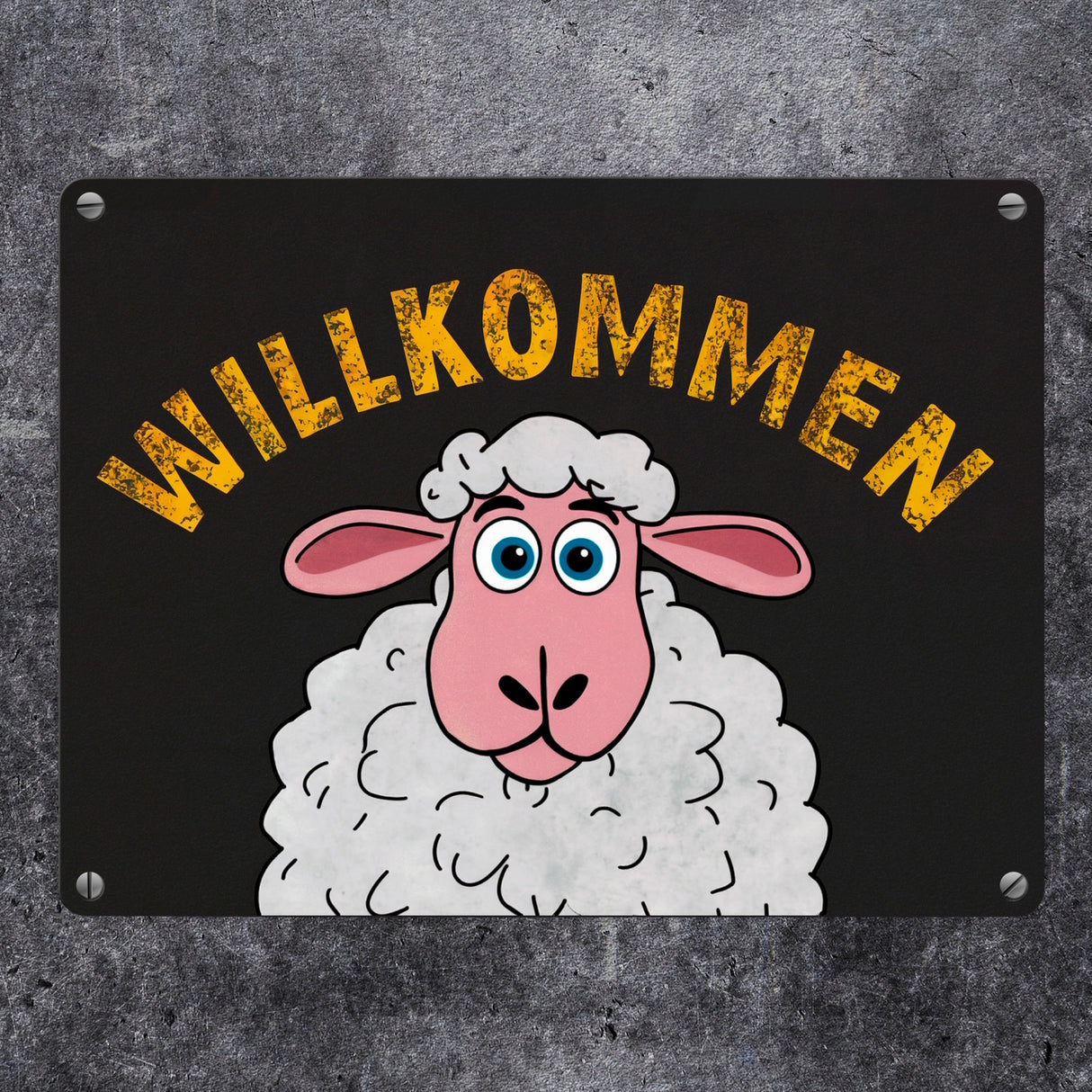 Willkommen Cartoon Schaf Metallschild in 15x20 cm für Haustür