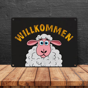 Willkommen Cartoon Schaf Metallschild in 15x20 cm für Haustür