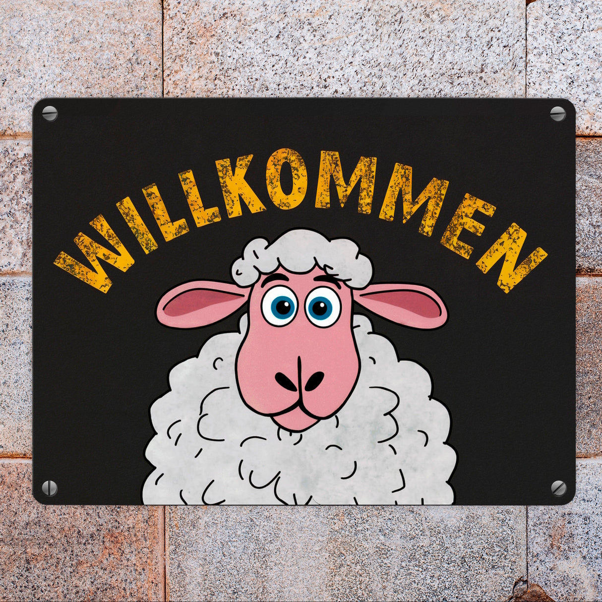 Willkommen Cartoon Schaf Metallschild in 15x20 cm für Haustür