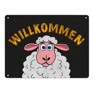 Willkommen Cartoon Schaf Metallschild in 15x20 cm für Haustür