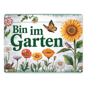 Bin im Garten Metallschild in 15x20 cm mit Schmetterling und Blumen