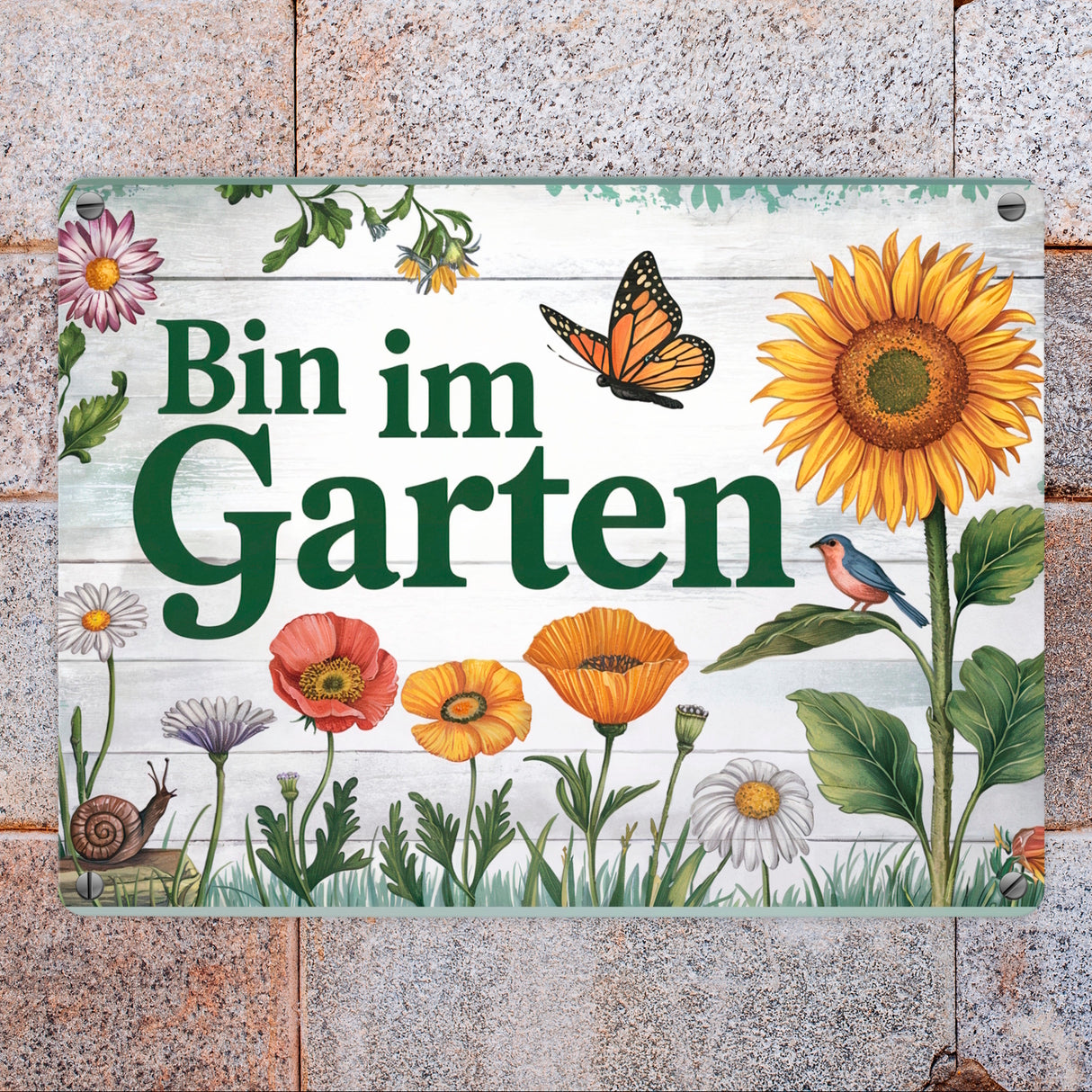 Bin im Garten Metallschild in 15x20 cm mit Schmetterling und Blumen