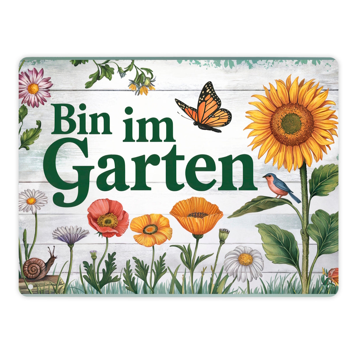 Bin im Garten Metallschild in 15x20 cm mit Schmetterling und Blumen