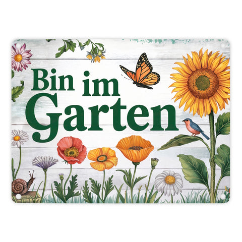 Bin im Garten Metallschild in 15x20 cm mit Schmetterling und Blumen