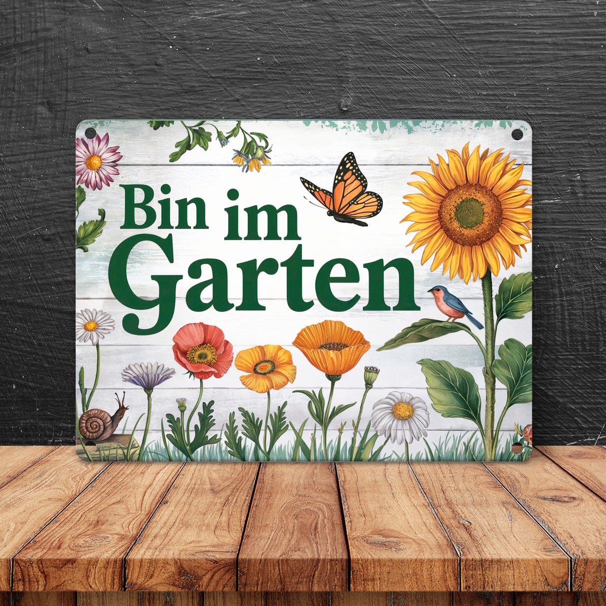 Bin im Garten Metallschild in 15x20 cm mit Schmetterling und Blumen