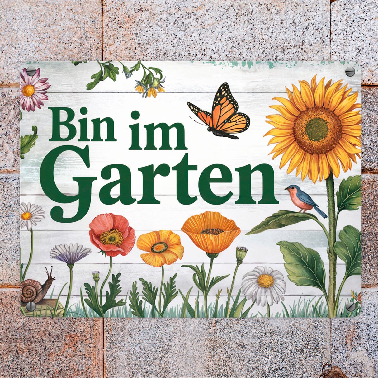 Bin im Garten Metallschild in 15x20 cm mit Schmetterling und Blumen