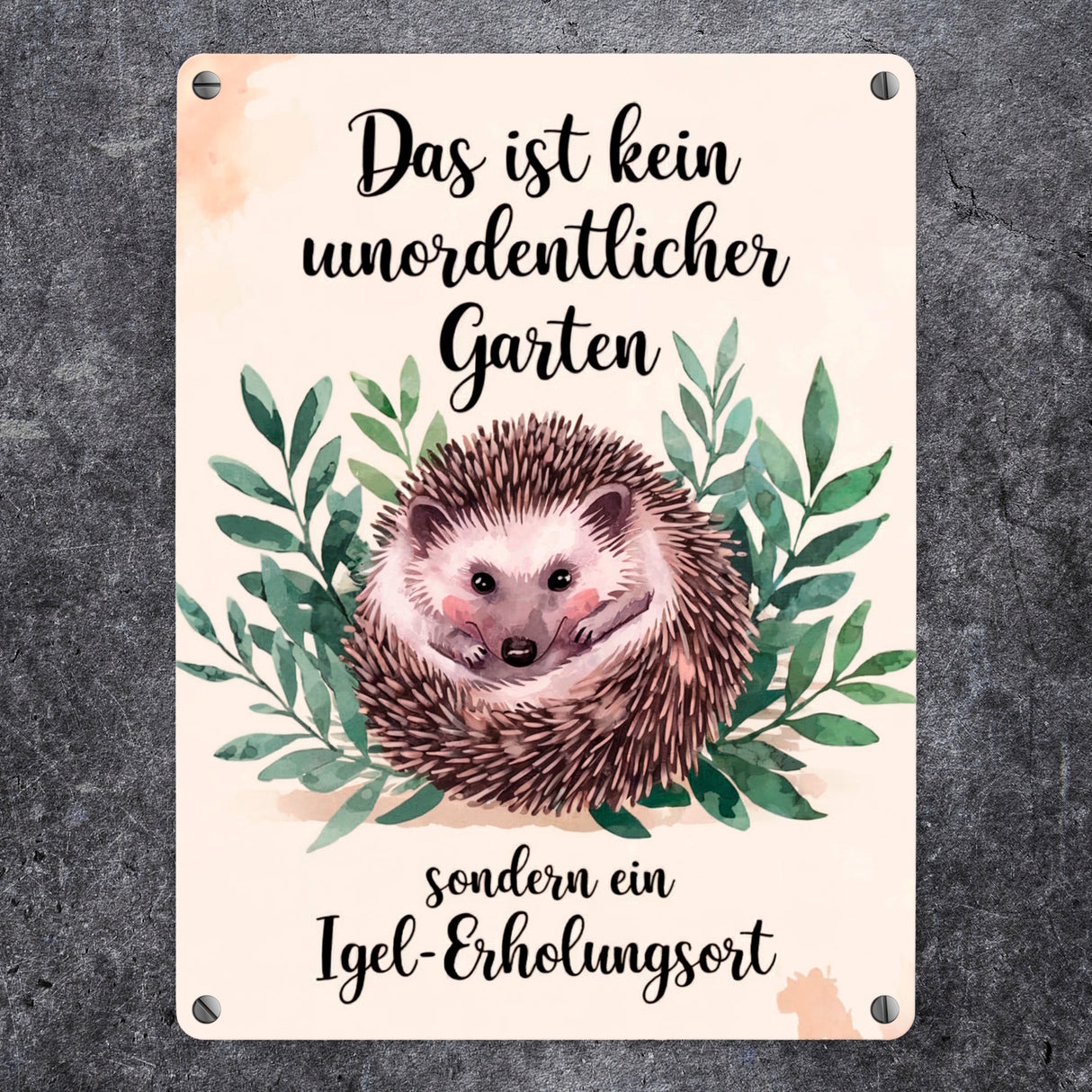 Igel-Erholungsort Metallschild in 15x20 cm mit Blättern