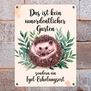 Igel-Erholungsort Metallschild in 15x20 cm mit Blättern