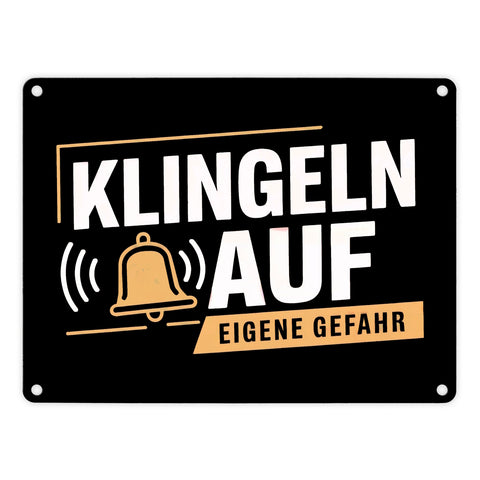 KLINGELN AUF EIGENE GEFAHR Metallschild in 15x20 cm mit Glockensymbol