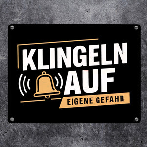 KLINGELN AUF EIGENE GEFAHR Metallschild in 15x20 cm mit Glockensymbol