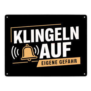 KLINGELN AUF EIGENE GEFAHR Metallschild in 15x20 cm mit Glockensymbol