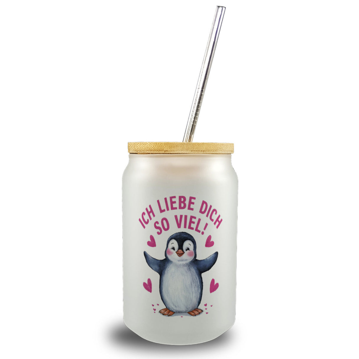 Pinguin ICH LIEBE DICH Trinkglas mit Bambusdeckel für Tierfreunde