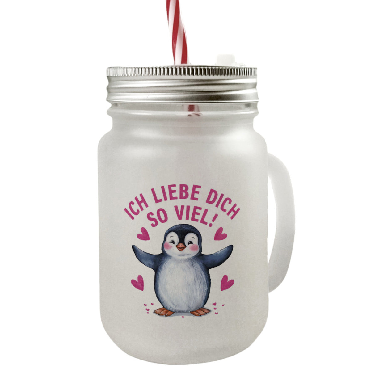 Pinguin ICH LIEBE DICH Trinkglas mit Bambusdeckel für Tierfreunde