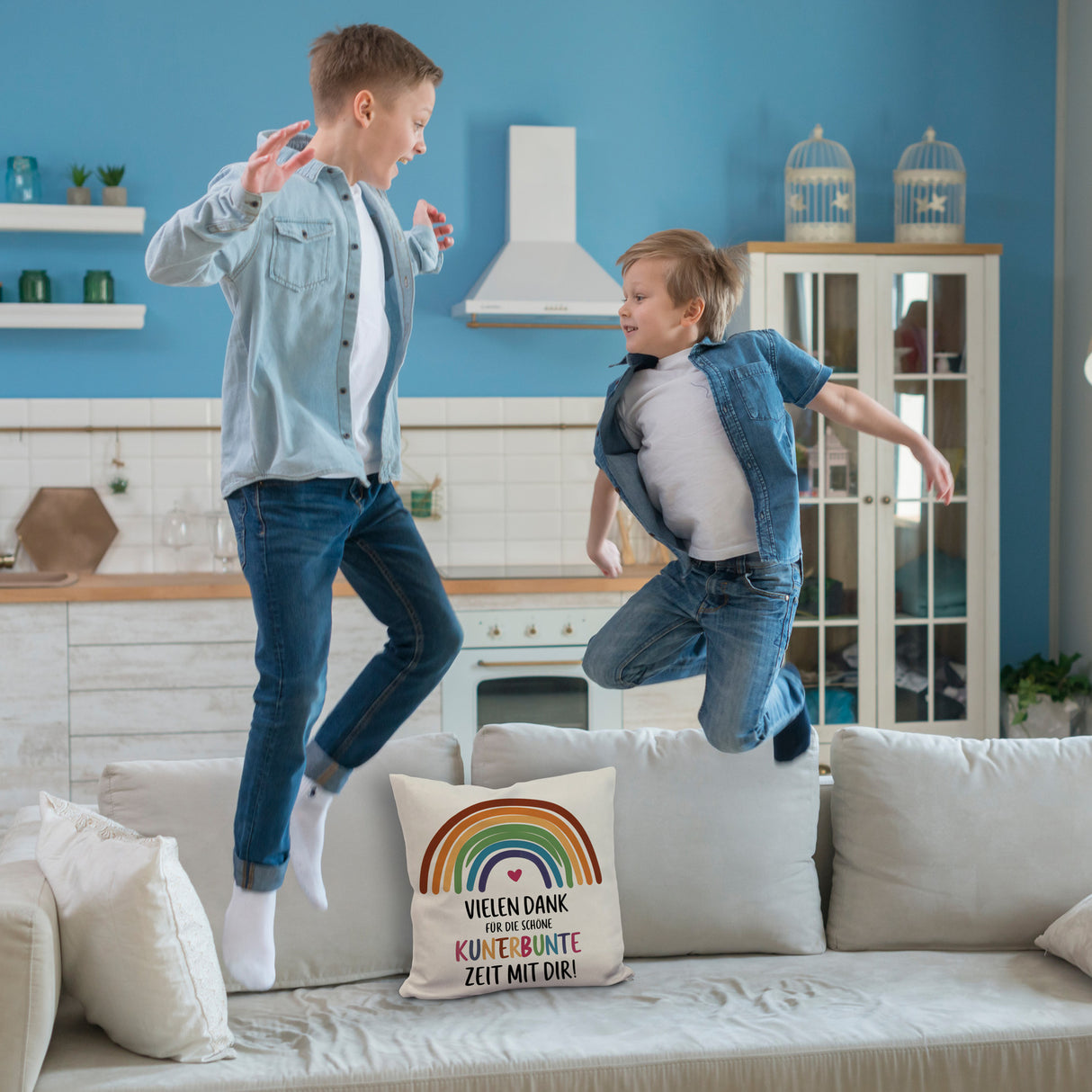 Vielen Dank für die kunterbunte Zeit Kissen mit Regenbogen