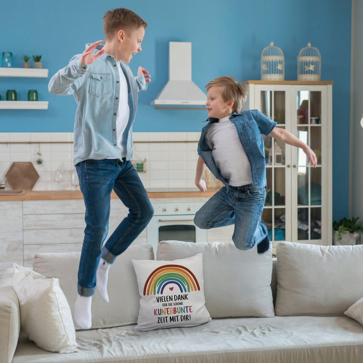 Vielen Dank für die kunterbunte Zeit Kissen mit Regenbogen