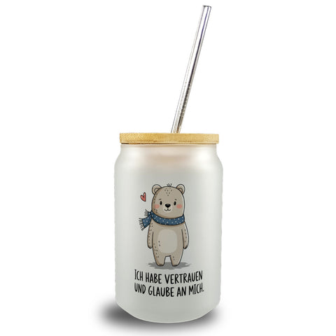Ich habe vertrauen und glaube an mich Bär mit Herz Trinkglas mit Bambusdeckel