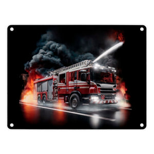 Feuerwehrauto kämpft gegen Flammen Metallschild in 15x20 cm