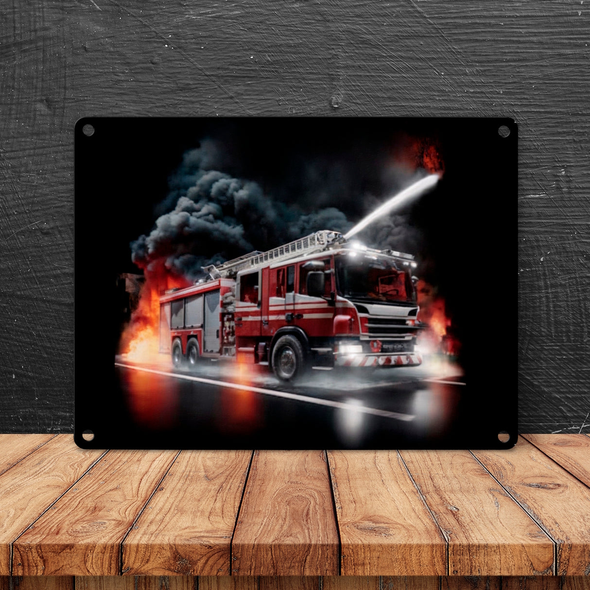 Feuerwehrauto kämpft gegen Flammen Metallschild in 15x20 cm