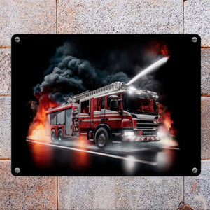 Feuerwehrauto kämpft gegen Flammen Metallschild in 15x20 cm