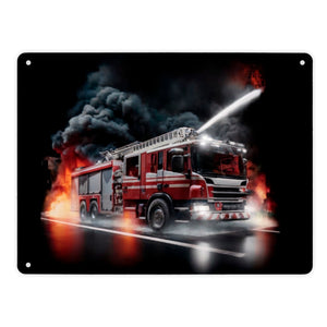 Feuerwehrauto kämpft gegen Flammen Metallschild in 15x20 cm