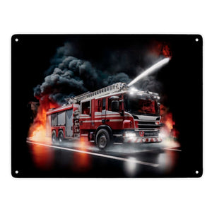 Feuerwehrauto kämpft gegen Flammen Metallschild in 15x20 cm