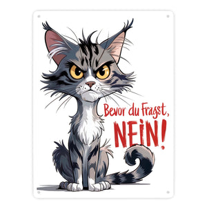 Grimmige Katze Metallschild in 15x20 cm mit Spruch Bevor du fragst: NEIN!