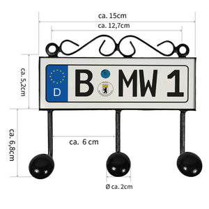 Kennzeichen Kleiderhaken Leiste mit 3 Haken - Berlin B MW 1
