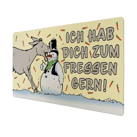 Esel mit Schneemann Schreibtischunterlage 69x31cm XXL Mauspad mit Spruch: Ich hab dich zum Fressen gern!