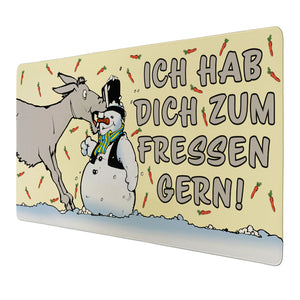 Esel mit Schneemann Schreibtischunterlage 69x31cm XXL Mauspad mit Spruch: Ich hab dich zum Fressen gern!