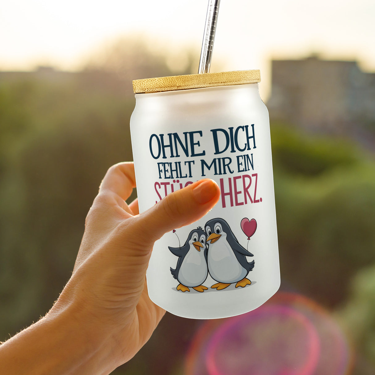 Pinguine Ohne dich fehlt ein Stück Herz Trinkglas mit Bambusdeckel