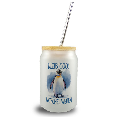 Pinguin mit Sonnenbrille Bleib cool Trinkglas mit Bambusdeckel