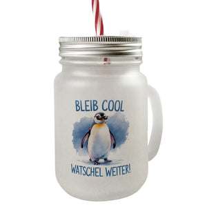 Pinguin mit Sonnenbrille Bleib cool Trinkglas mit Bambusdeckel