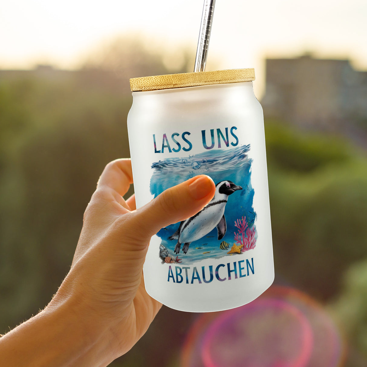 Lass uns abtauchen Pinguin Trinkglas mit Bambusdeckel Unterwasserszene