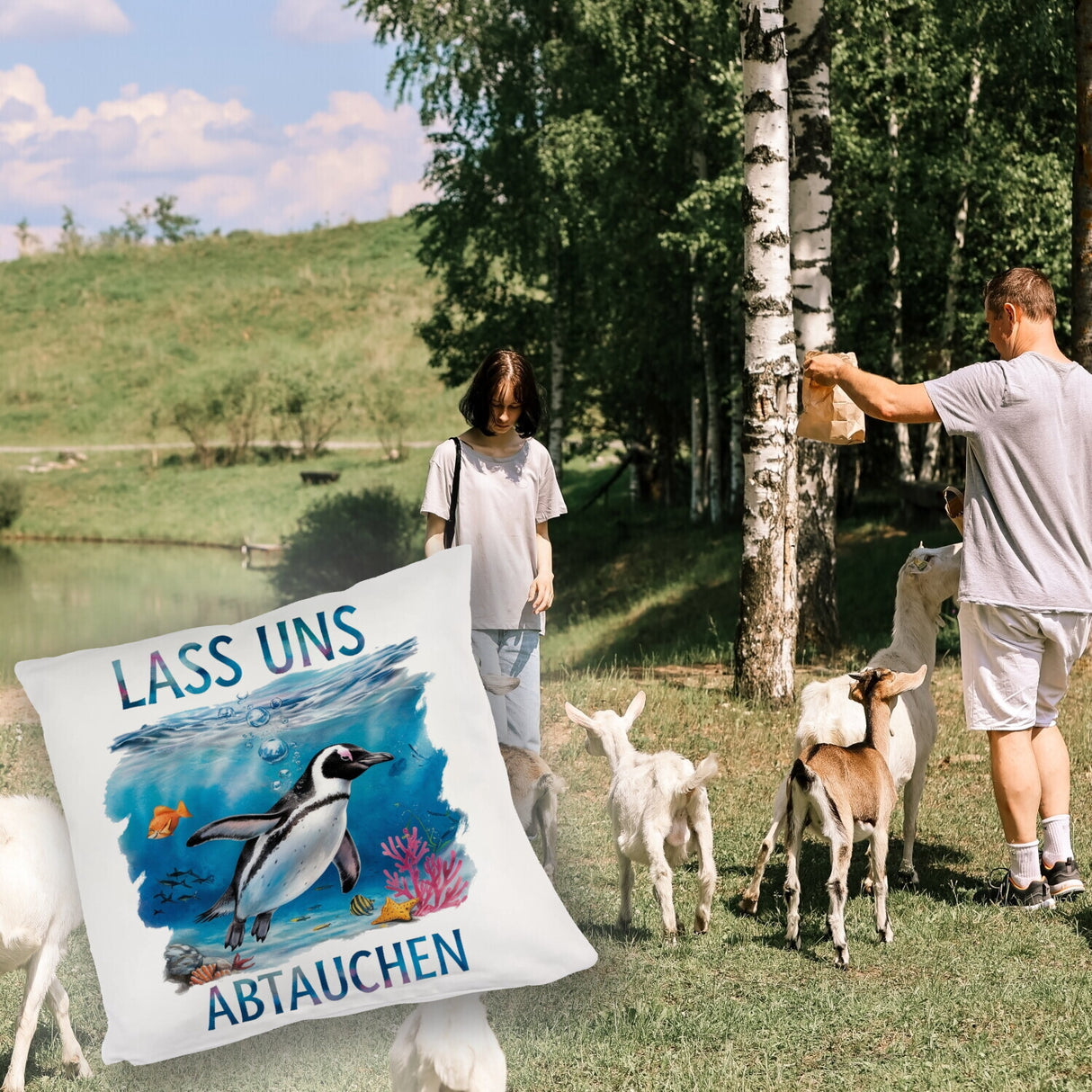 Lass uns abtauchen Pinguin Kissen Unterwasserszene