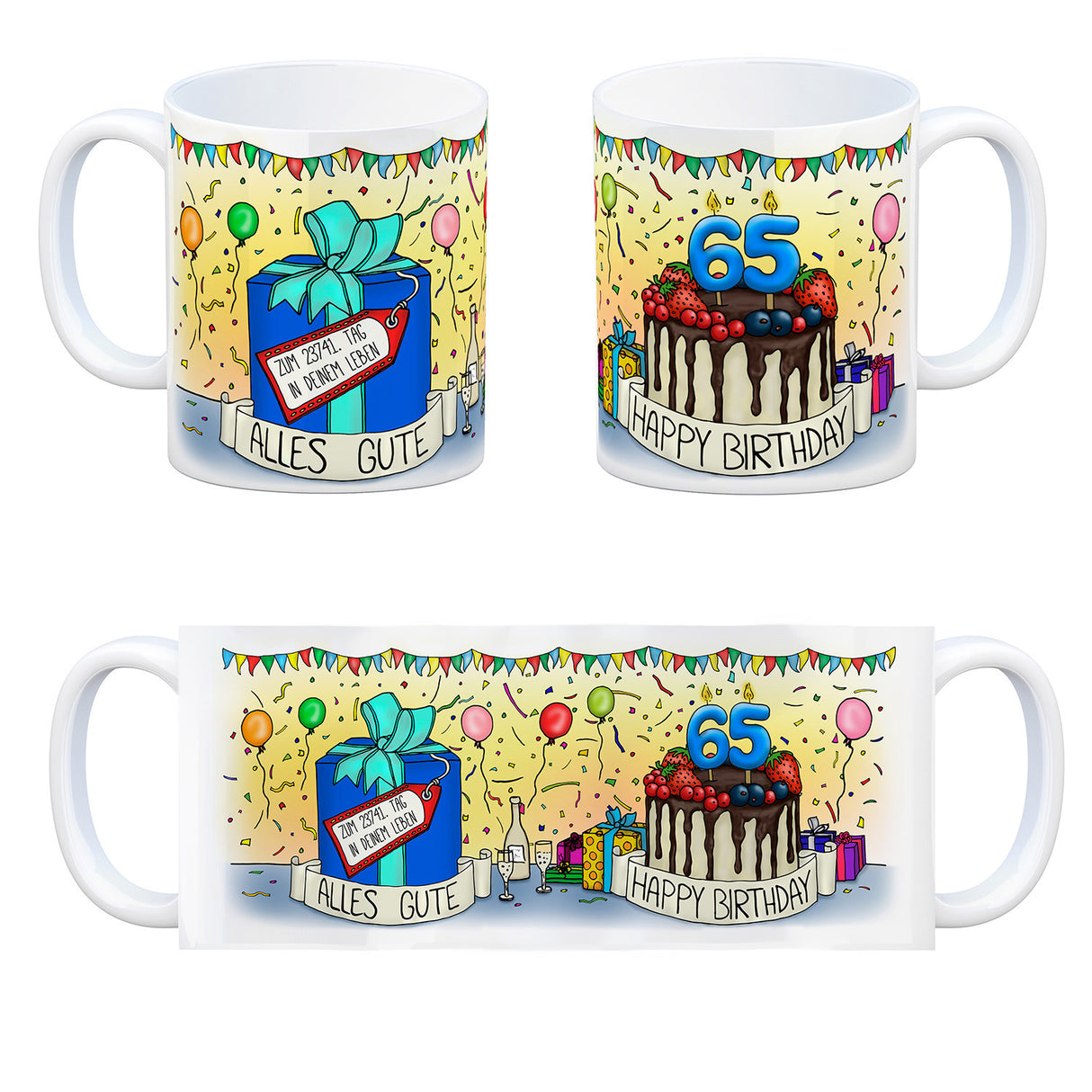 65. Geburtstag Tasse mit Kuchen und Geschenk und Anhänger: zum 23741. Tag