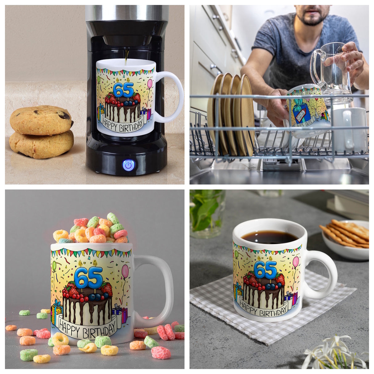 65. Geburtstag Tasse mit Kuchen und Geschenk und Anhänger: zum 23741. Tag