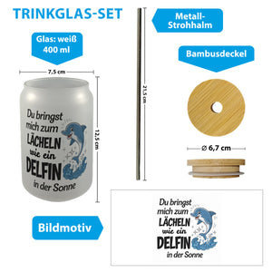 Delfin Liebe Trinkglas mit Bambusdeckel