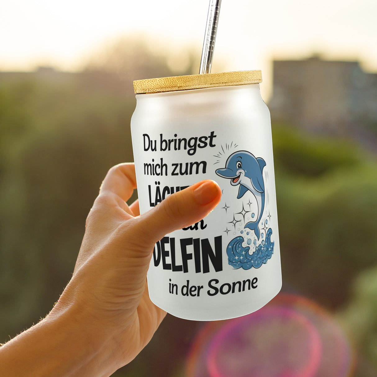 Delfin Liebe Trinkglas mit Bambusdeckel